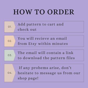 May include: A graphic with the title "HOW TO ORDER" and four numbered steps. The steps explain how to purchase a pattern, including adding it to the cart, receiving an email, downloading the files, and contacting the shop for help.