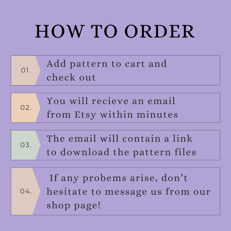 May include: A graphic with the title "HOW TO ORDER" and four numbered steps. The steps explain how to purchase a pattern, including adding it to the cart, receiving an email, downloading the files, and contacting the shop for help.
