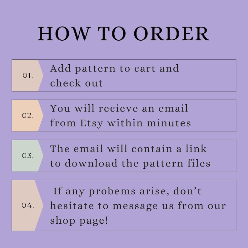 May include: A graphic with the title "HOW TO ORDER" and four numbered steps. The steps explain how to purchase a pattern, including adding it to the cart, receiving an email, downloading the files, and contacting the shop for help.