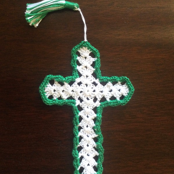 Green Crochet cross bookmark with tassel