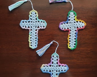 Multicolor variegated Crochet Cross bookmark with tassel