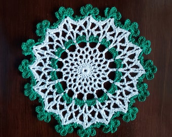 Round White Doily with Green Shamrock edge, 7” crocheted