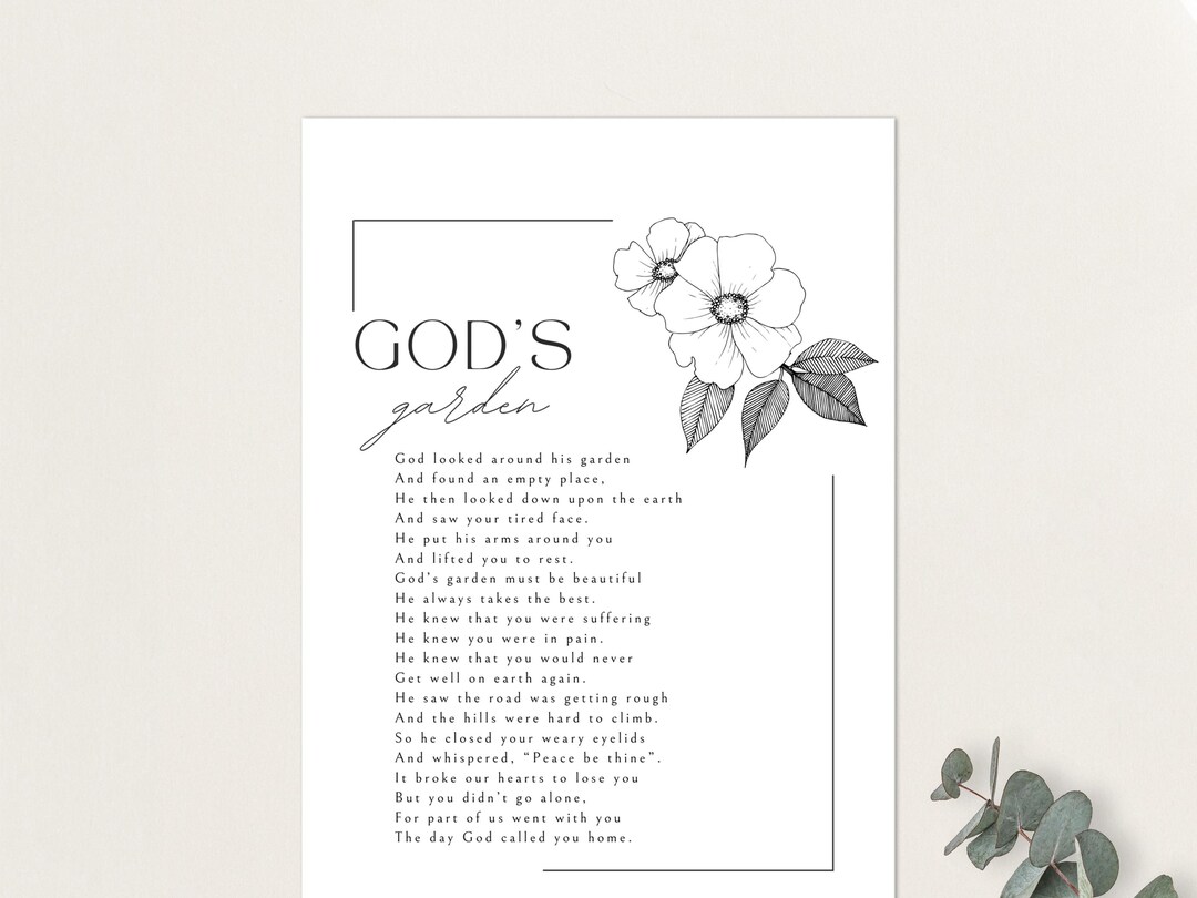 God's Garden Funeral Poem: Simple Memorial Table Sign (digital Download