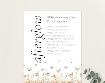 Afterglow Poem, Printable Afterglow Funeral Poem, Memorial Table Poem - Butterflies, Happy Funeral Quote, Perfect for a Celebration of Life