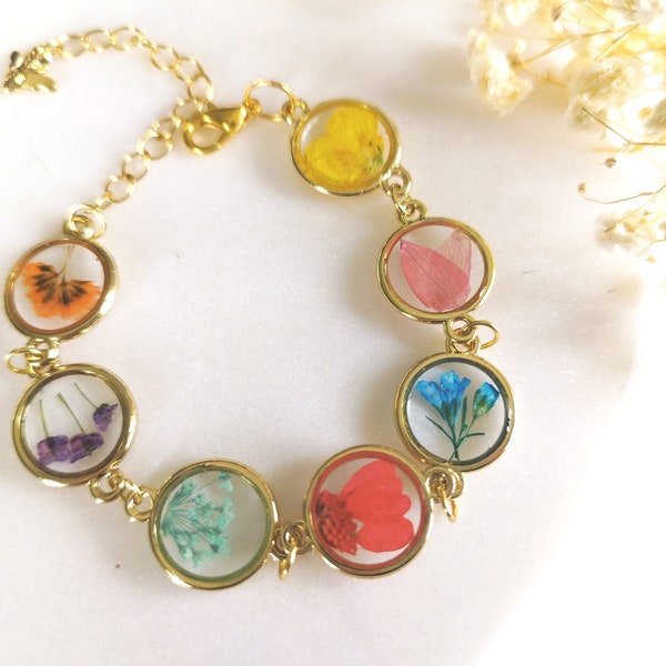 Bracelet en résine avec des fleurs naturelles multicolores| Bijoux fantaisie en acier inox avec des fleurs séchées| Cadeau unique pour femme