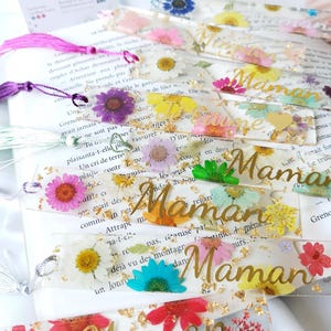 Marcapáginas de flores secas personalizado con nombre o mensaje, marcapáginas florales de resina para mujer, regalo del Día de la Madre, regalo para maestra