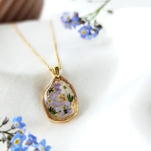 Collie flowers Myosotis Forget me not Personalized resin jewelry Pendant Flowers with initial Unique gift for women Mother&#39;s Day