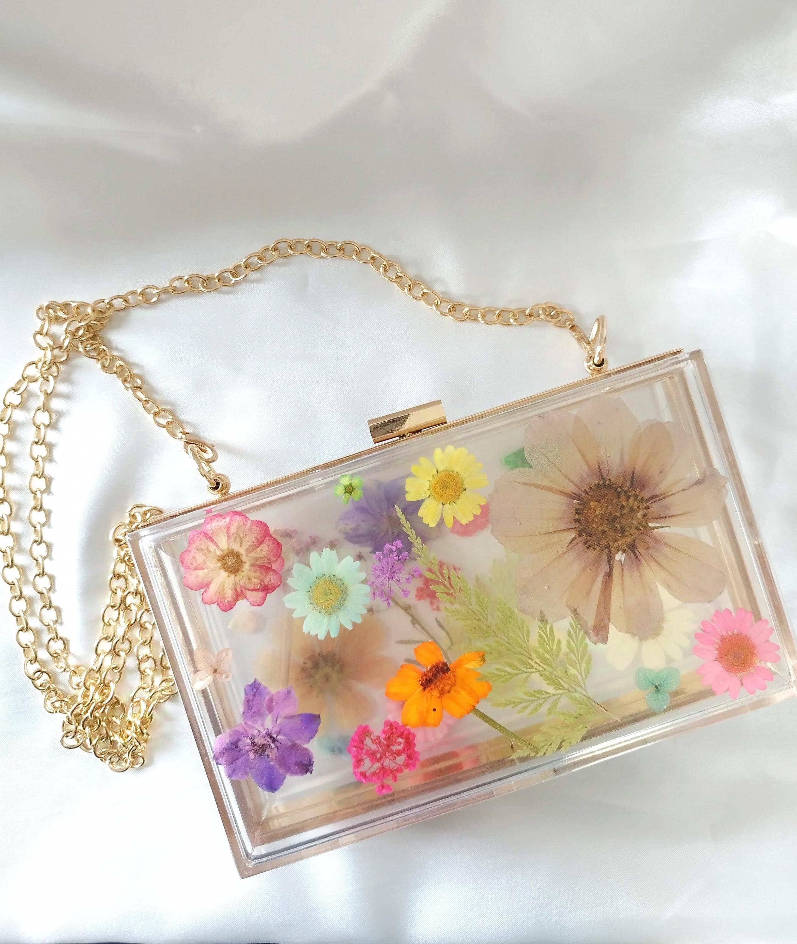 Real Flower Handbag, Real Flower Clutch, Flower Bag, Transparent 