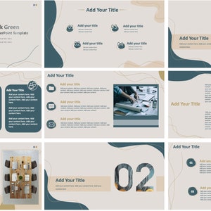 May include: A presentation template with a dark green and beige color scheme. The template features abstract shapes, lines, and text boxes. The text "Dark Green PowerPoint Template" is visible in the top left corner of the slide. The slide also includes the number "01" in a large font.