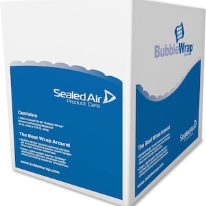 May include: A white box with blue accents and the text "Sealed Air Product Care" on the front. The box contains a roll of Bubble Wrap brand cushioning material, which is 12 inches wide and 175 feet long. The text "The Best Wrap Around" is also on the front of the box, along with the website address www.bubblewrap.com.