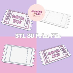 May include: A digital STL 3D print file featuring four ticket designs. Two tickets read "admit one" with a "FREE" section, and the other two are blank. The tickets have a pink and white color scheme, with a star and ticket design.