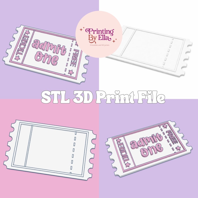 May include: A digital STL 3D print file featuring four ticket designs. Two tickets read "admit one" with a "FREE" section, and the other two are blank. The tickets have a pink and white color scheme, with a star and ticket design.