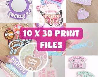 May include: A collection of 3D printed items including personalized keychains, name tags, and decorative signs. The items feature various colors and text such as Main Character Energy, Luna, Olivia, Remi, Ryan, Joel, Tooth Fairy, and Drive Safe.
