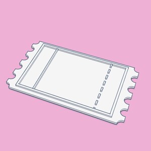 May include: A white ticket with a rectangular design and a perforated edge. The ticket has a section on the left and a larger section on the right, with a dotted line separating the two sections. The background is a solid pink color.