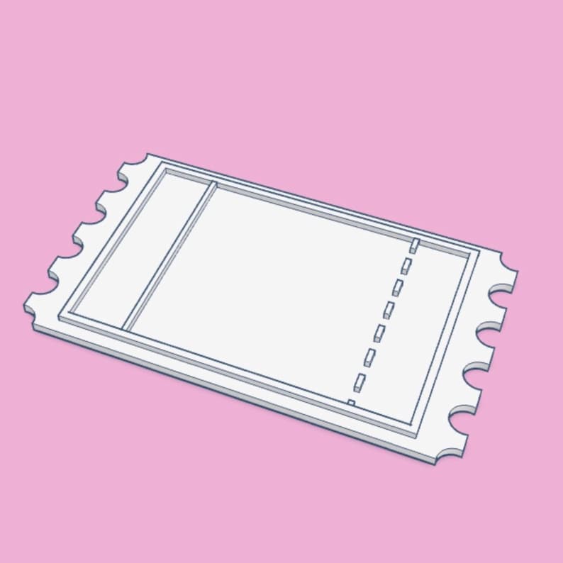 May include: A white ticket with a rectangular design and a perforated edge. The ticket has a section on the left and a larger section on the right, with a dotted line separating the two sections. The background is a solid pink color.