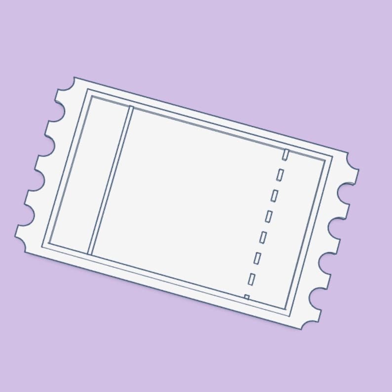 May include: A white ticket with a perforated edge and a rectangular design. The ticket has a blank space for information and a vertical section on the left. The ticket is set against a lavender background.