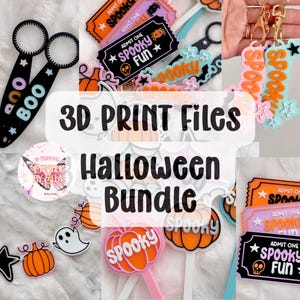 May include: A collection of 3D printed Halloween themed items including keychains, bubble wands, and signs. The items feature orange, black, purple, and teal colours with designs of pumpkins, ghosts, skulls, and text reading Spooky Fun.