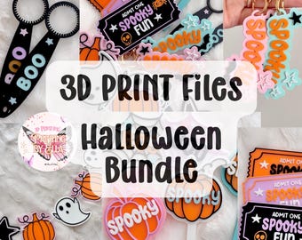 May include: A collection of 3D printed Halloween themed items including keychains, bubble wands, and signs. The items feature orange, black, purple, and teal colors with designs of pumpkins, ghosts, skulls, and text reading Spooky Fun.