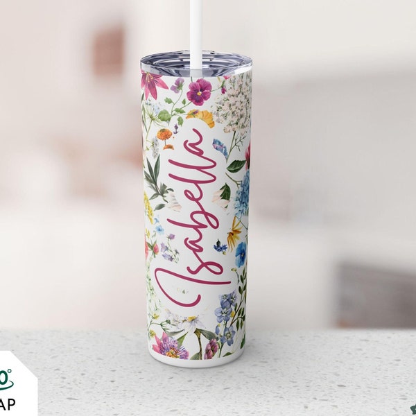 Personalized Name Floral Skinny Maars Tumbler, Custom Name Botanical Travel Mug, Cottagecore Gift For Her