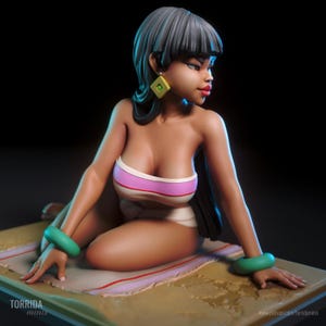 May include: A stylized figurine of a woman in a pink and white bikini, with green bracelets and earrings. The figure is posed on a beach towel, with a dark background. The figurine has dark hair and is in a seated position.