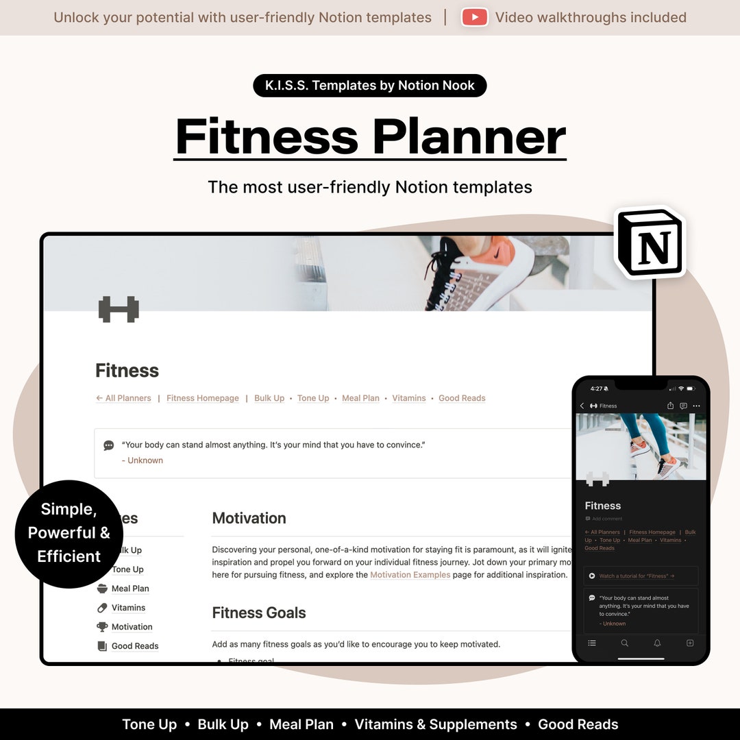 Notion Template Fitness Planner, Notion Planner, Notion Aesthetic