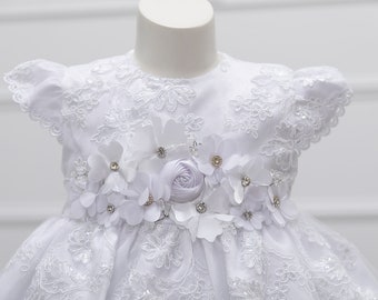 Baptism Dresses, Christening gowns flower girl flower details matching bonnet and headband ALL WHITE with flowers details