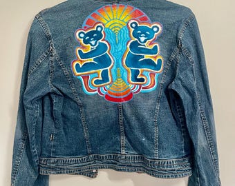 One of a kind hand painted jacket, dancing bears grateful dead upcycled  jean jacket, sustainable fashion