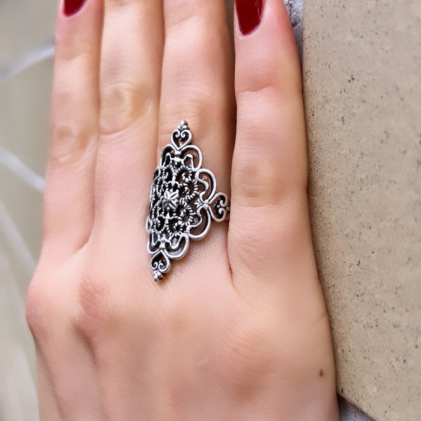 Flower Ring in sterling silver, Cut Out Rose Flower Ring, Sterling Silver Filigree Art Lace Detailed Long Statement Ring, Adjustable Ring