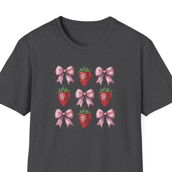 Strawberry Shirt Cottagecore Clothing Strawberries Tee Strawberry Gift Summer Cottage Aesthetic Strawberry Festival Shirt Coquette Pink Bow