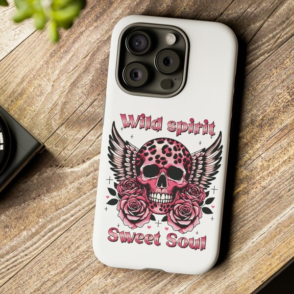 Boho Skull Phone Case Wild Spirit Sweet Soul Leopard Skull Tough iPhone Case Samsung Phone Casing Google Pixel Case Pink White Angel Roses