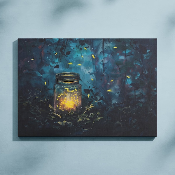 Jar of Glowing Fireflies in Dark: Printable Oil Painting | Colorful Landscape Art | Rustic Decor | Digital Download | Printable Wall Art