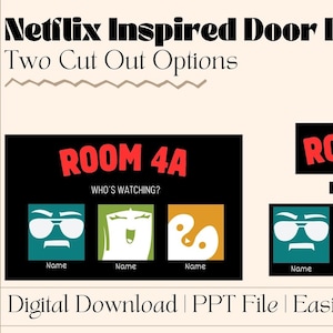 以下が含まれることがあります： Netflix にインスパイアされたドアデコレーションのデジタルダウンロード。テンプレートは、黒い背景に赤い文字で「ROOM 4A」と「WHO'S WATCHING?」の文字が書かれています。テンプレートには、カスタマイズ可能な名前の枠が3つあり、それぞれに漫画の顔が描かれています。