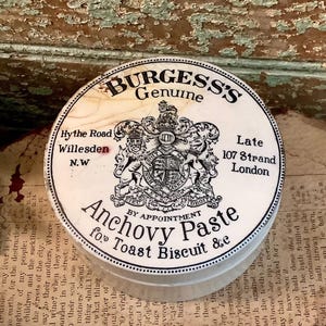 Burgess Genuine Anchovy Paste Jar and Lid. Victorian Advertising Pot English Ironstone Jar