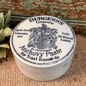 Burgess Genuine Anchovy Paste Jar and Lid. Victorian Advertising Pot English Ironstone Jar