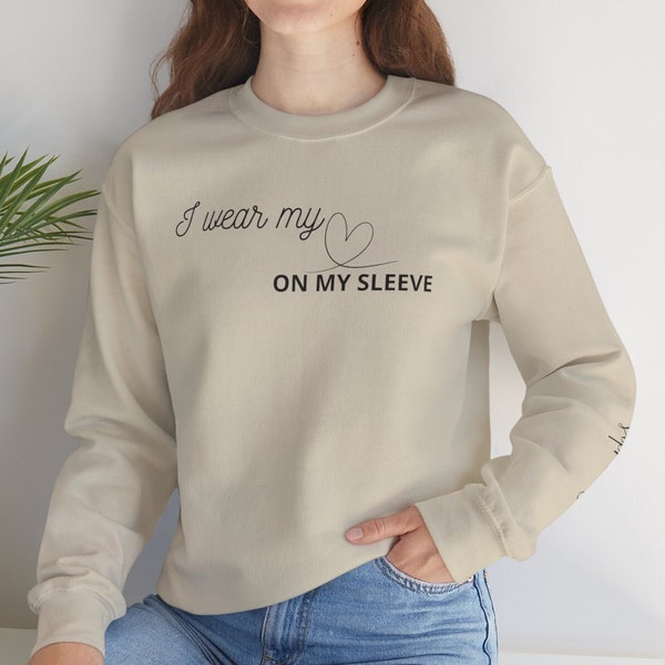 I wear my heart on my sleeve sweatshirt and hoodie, gift for mom, personalized mom sweatshirt with child's name on sleeve, Mother's Day