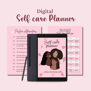 May include: Digital self-care planner with a pink background. The planner includes a 30-day self-care challenge and positive affirmations. The planner is displayed on a tablet with a stylus.