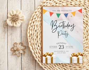 Printable Birthday Invitation Card | Simple Party Invite | Editable Bday Card | Minimalist Birthday Invitation Printable | Colorful Invite