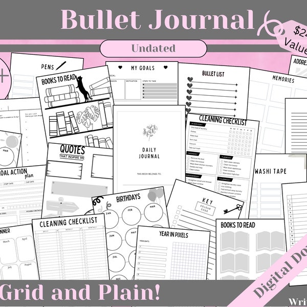 Undated Printable Bullet Journal Bundle, Bullet Journal Printables, Premade Template, Bullet Journal Pages, Trackers Weekly