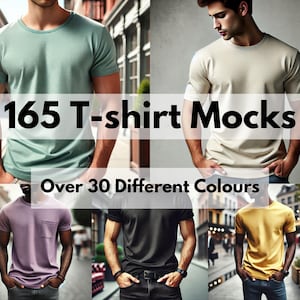 May include: 165 T-shirt Mockups featuring over 30 different colors. The image shows five men wearing different colored t-shirts.