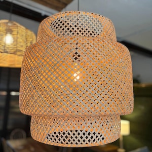 Japandi Bamboo Pendant Light – Handwoven Rattan Ceiling Lamp for Boho Kitchen Island, Zen Bedroom, Teahouse or Boutique Decor