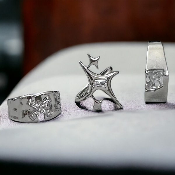 3 Stück Set Vintage Unregelmäßig Kreuz Stern Ring, y2k Ringe, Silber verstellbarer Ring, Gothic Ring, Geschenk für sie, Sommergeschenk
