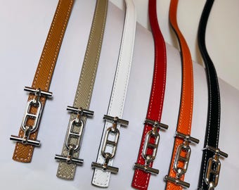 Thin Reversible Leather Belt – Silver Toggle Link Buckle, Minimalist Dress Belt