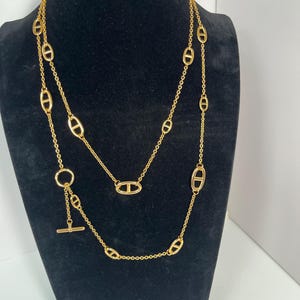 Long Gold Chain Necklace – Oval Link Design, Bar Drop