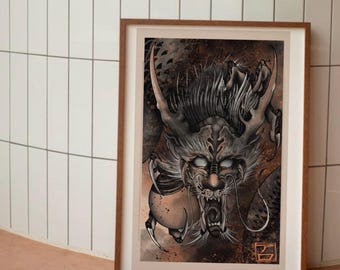 Dragon - Dark Romantic Japanese, Style Digital Wall Art, Printable Poster