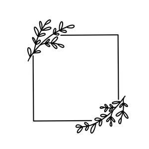 Może przedstawiać: Czarno-biały rysunek kwadratowej ramki z kwiatowymi akcentami w dwóch rogach.