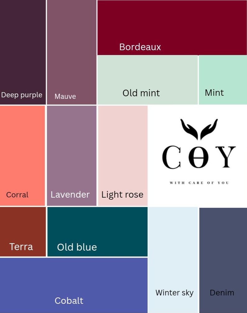 Pode incluir: Uma paleta de cores com blocos retangulares em deep purple, mauve, bordeaux, old mint, mint, corral, lavender, light rose, terra, old blue, cobalt, winter sky e denim. O log&oacute;tipo COY com m&atilde;os e o texto WITH CARE OF YOU.