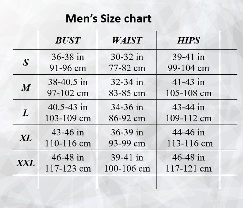 Pode incluir: Uma tabela de tamanhos intitulada Men's Size chart com linhas para os tamanhos S, M, L, XL e XXL. As colunas listam as medidas para BUST, WAIST e HIPS em polegadas e cent&iacute;metros. O fundo &eacute; cinza claro com um padr&atilde;o geom&eacute;trico sutil.