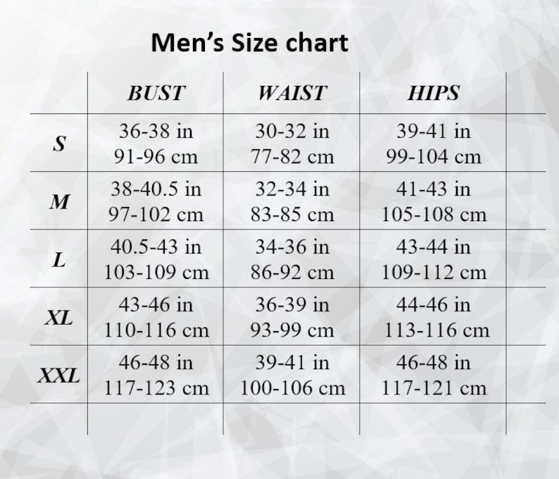 K&ouml;nnte beinhalten: Gr&ouml;&szlig;entabelle f&uuml;r Herren mit Ma&szlig;en in Zoll und Zentimetern f&uuml;r Brust, Taille und H&uuml;fte. Die Gr&ouml;&szlig;en umfassen S, M, L, XL und XXL.