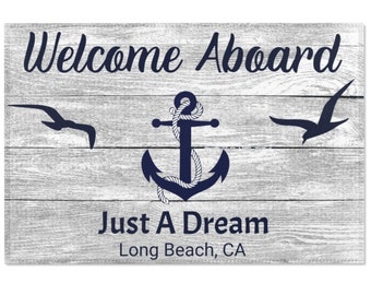 Custom Welcome Aboard Rug for Boat Yacht Beach House Stateroom Personalized Gift for Captain Mat Anchor Decor Nautical Accessories