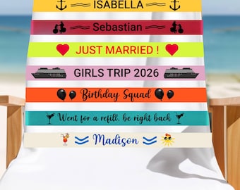 Custom Towel Band for Cruise Chairs, Personalized Towel Holder, Cruise Ship Essentials, Stretchable  Elastic Strap, Chair Saver, Chair Band